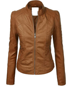 Womens Faux Leather Zip Up Moto Biker Jacket with Stitching Detail Brown