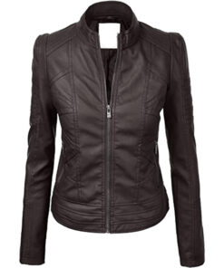 Womens Faux Leather Zip Up Moto Biker Jacket with Stitching Detail Dark Brown