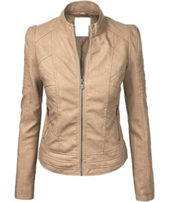 Womens Faux Leather Zip Up Moto Biker Jacket with Stitching Detail Cream