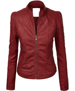 Womens Faux Leather Zip Up Moto Biker Jacket with Stitching Detail Burgundy