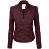 Womens Faux Leather Zip Up Moto Biker Jacket with Stitching Detail Rosewood