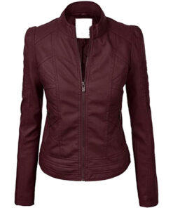 Womens Faux Leather Zip Up Moto Biker Jacket with Stitching Detail Rosewood
