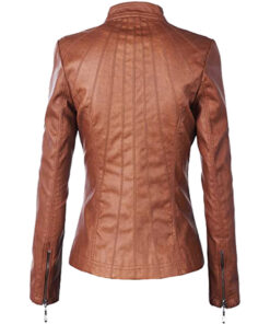 Womens Faux Leather Zip Up Moto Biker Jacket with Stitching Detail Brown
